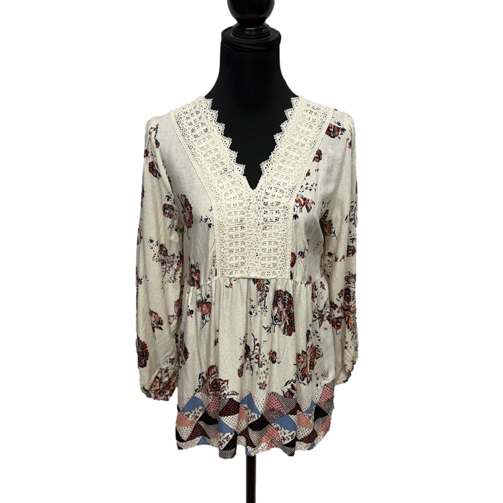 Maurices Ruffled Cream and Red Long Sleeve Blouse. Business casual Boho
